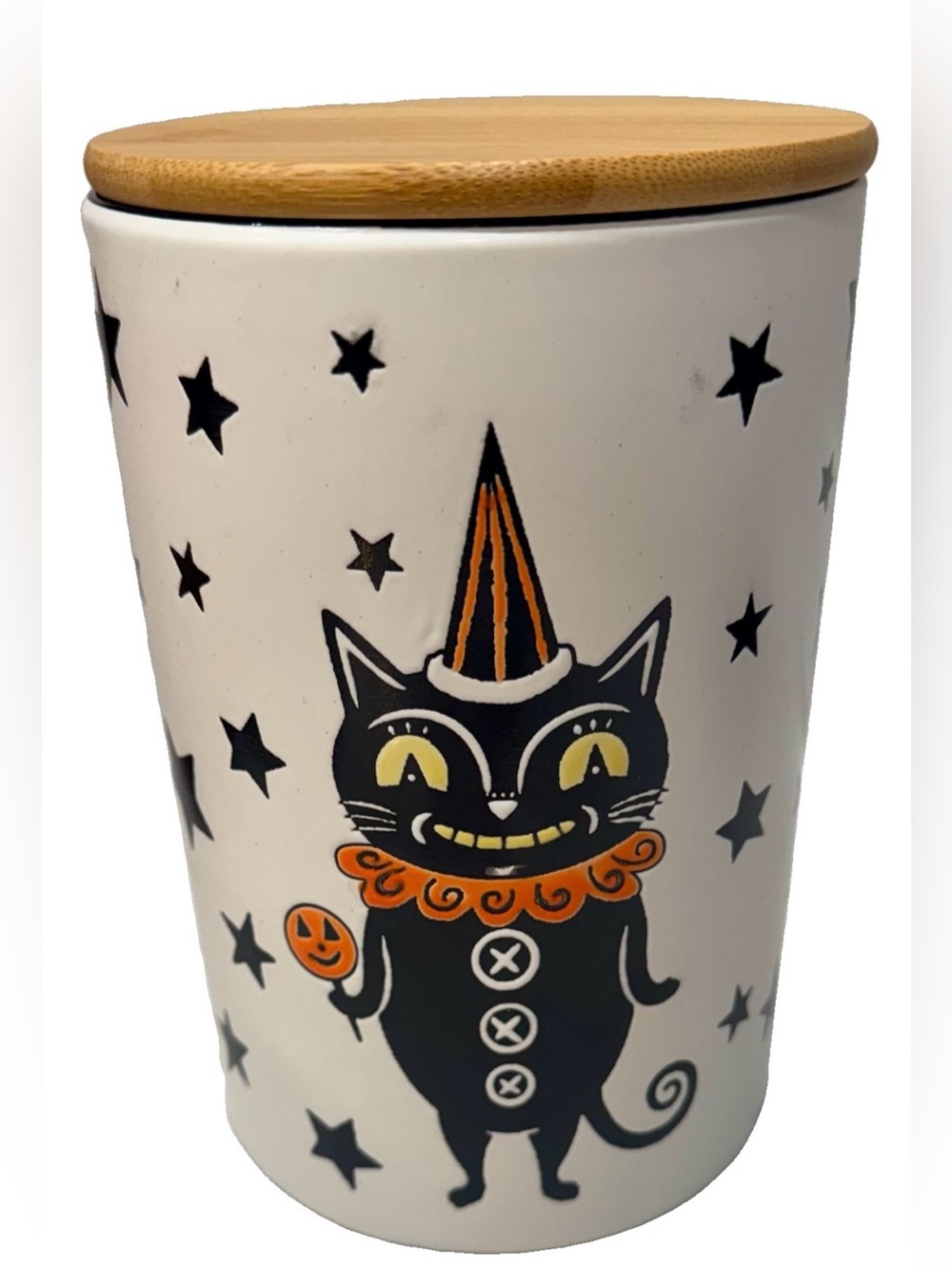 Eli & Ana Halloween Dual Sided Canister/Cookie Jar Black Witch Cat & Stars New